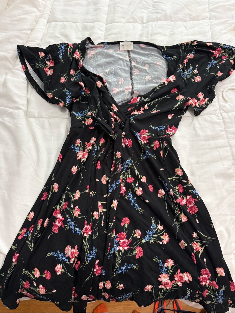 Forever 21 Black Floral Wrap Romper with Pink & Blue Blooms